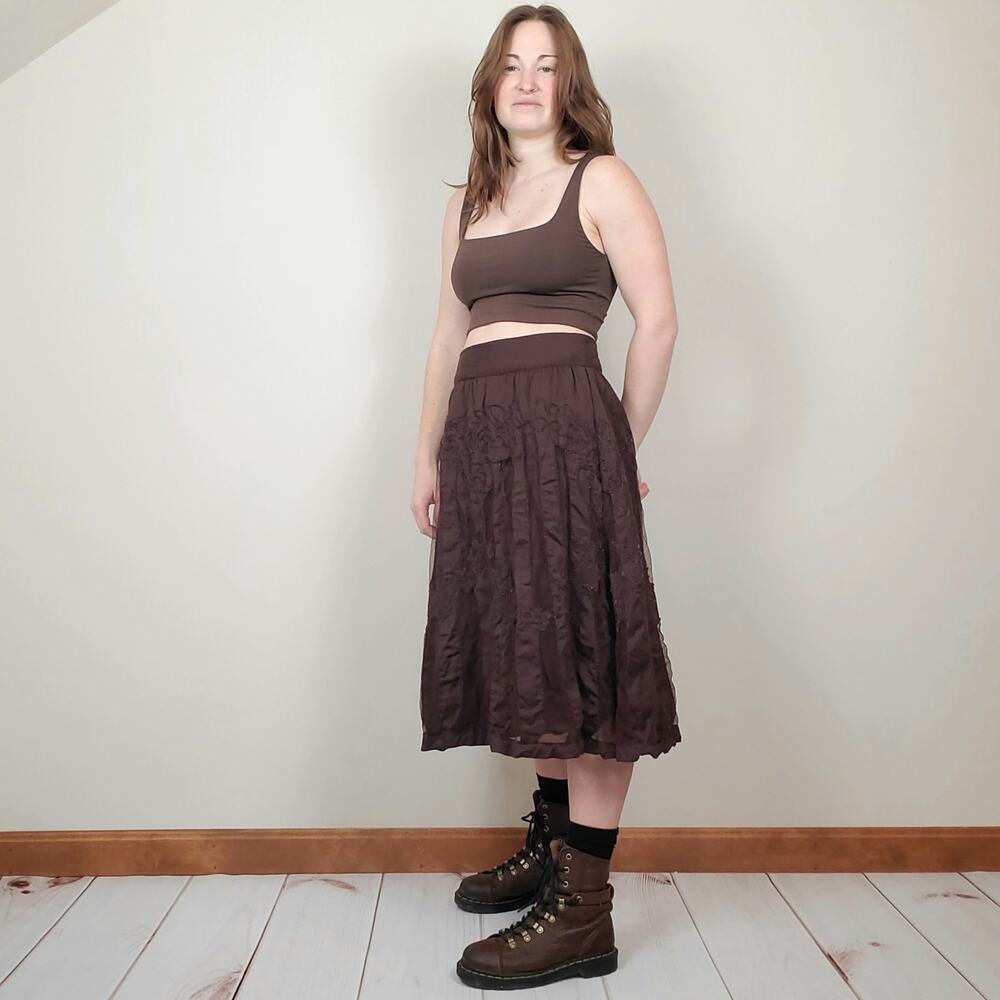 Anthropologie Ipsa Embroidered Tulle Midi Skirt Chocolate Brown 2 - Picture 2 of 11